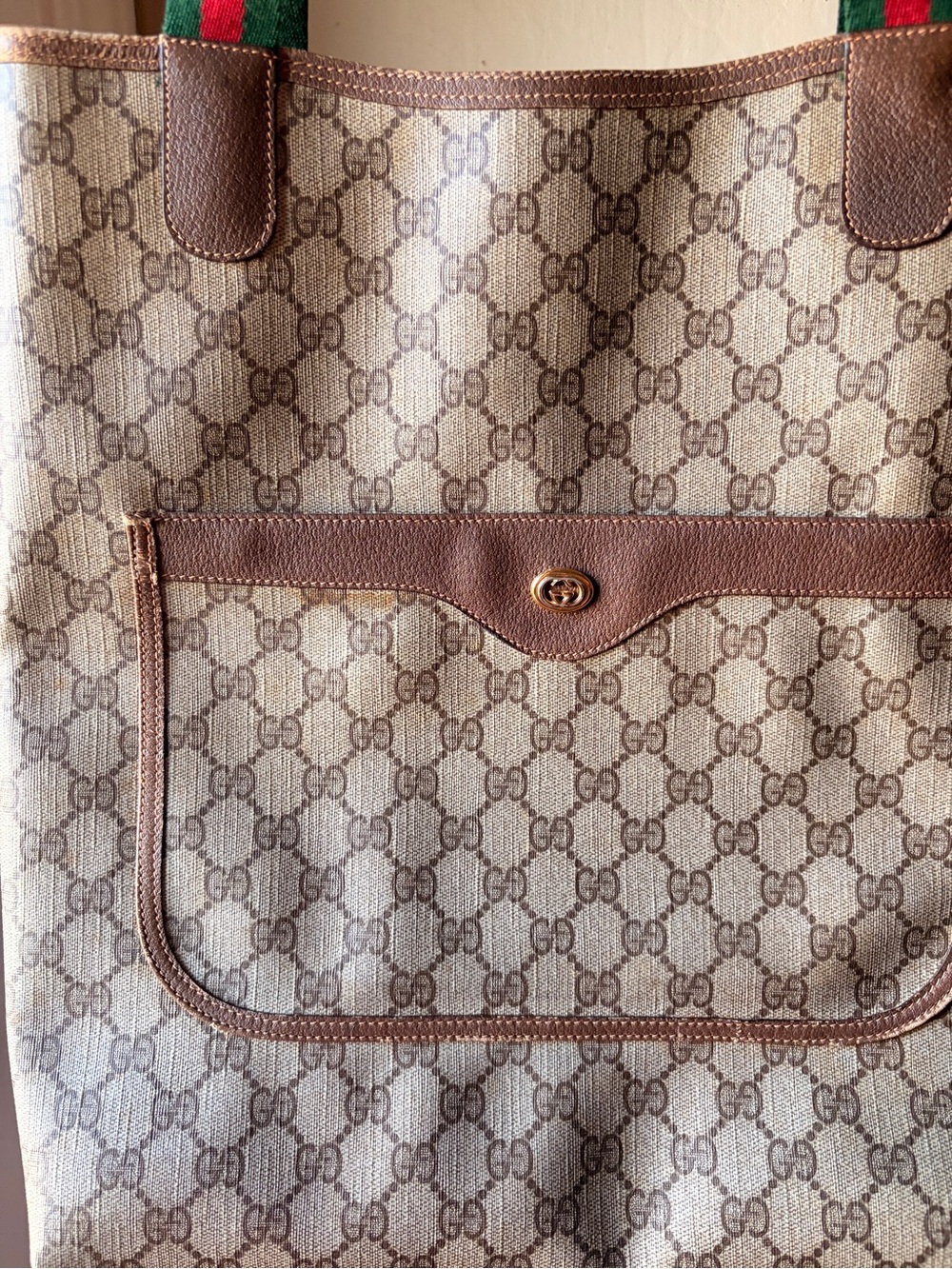Gucci Beige Brown GG Canvas Tote with Green-Red Stripe Handles - Picture 4 of 13